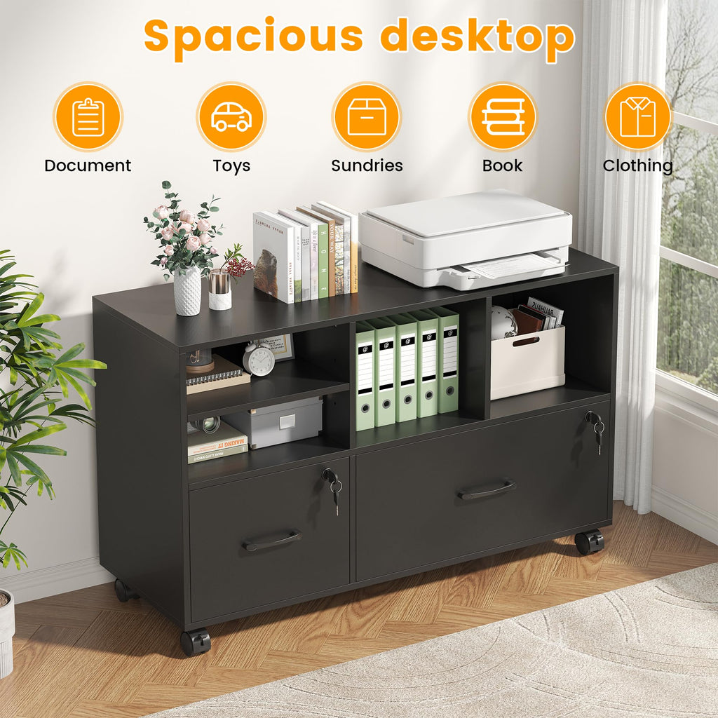 2 Drawer Wood Mobile Lateral File Cabinet with Storage Shelves, Black O88578