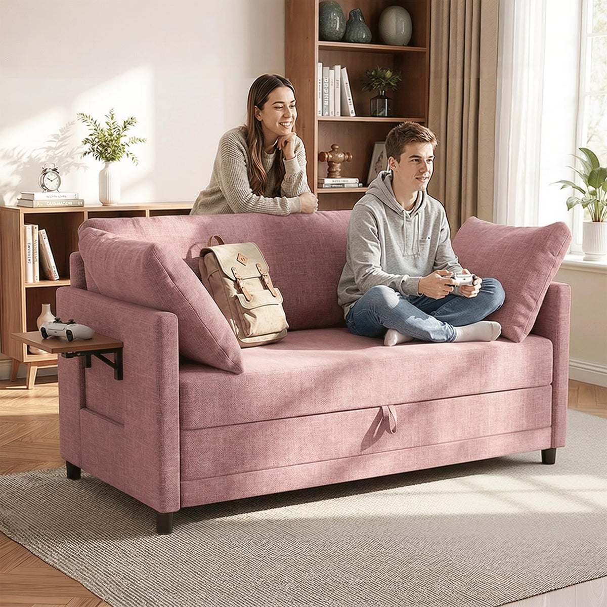 Pink Convertible Sofa Bed with Side Table X698
