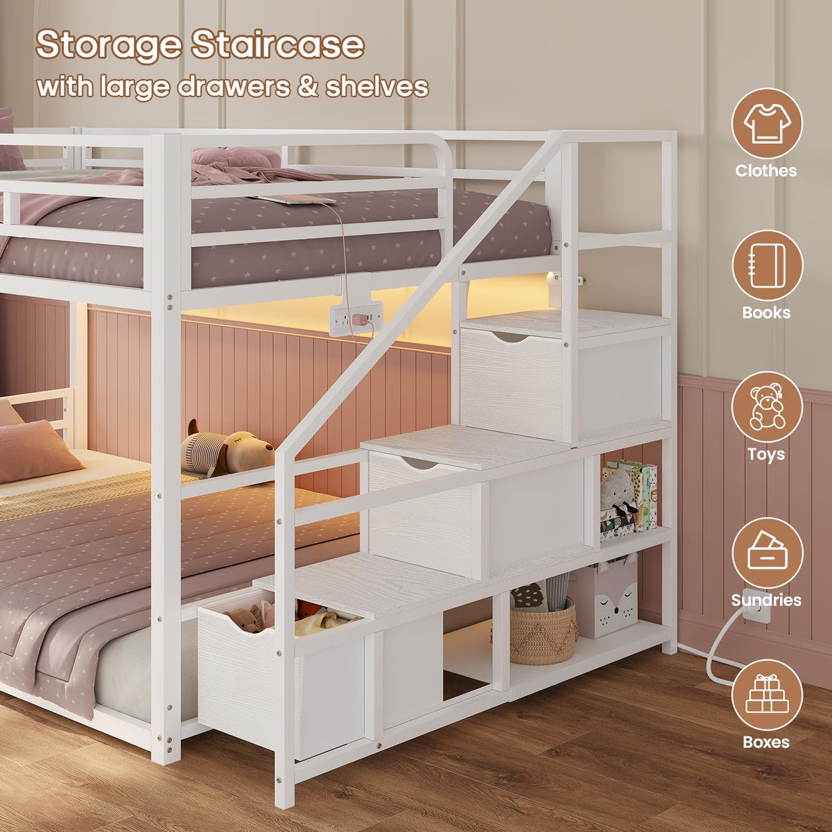 Low Bunk Bed Twin Over Twin with Storage Stairs C11576