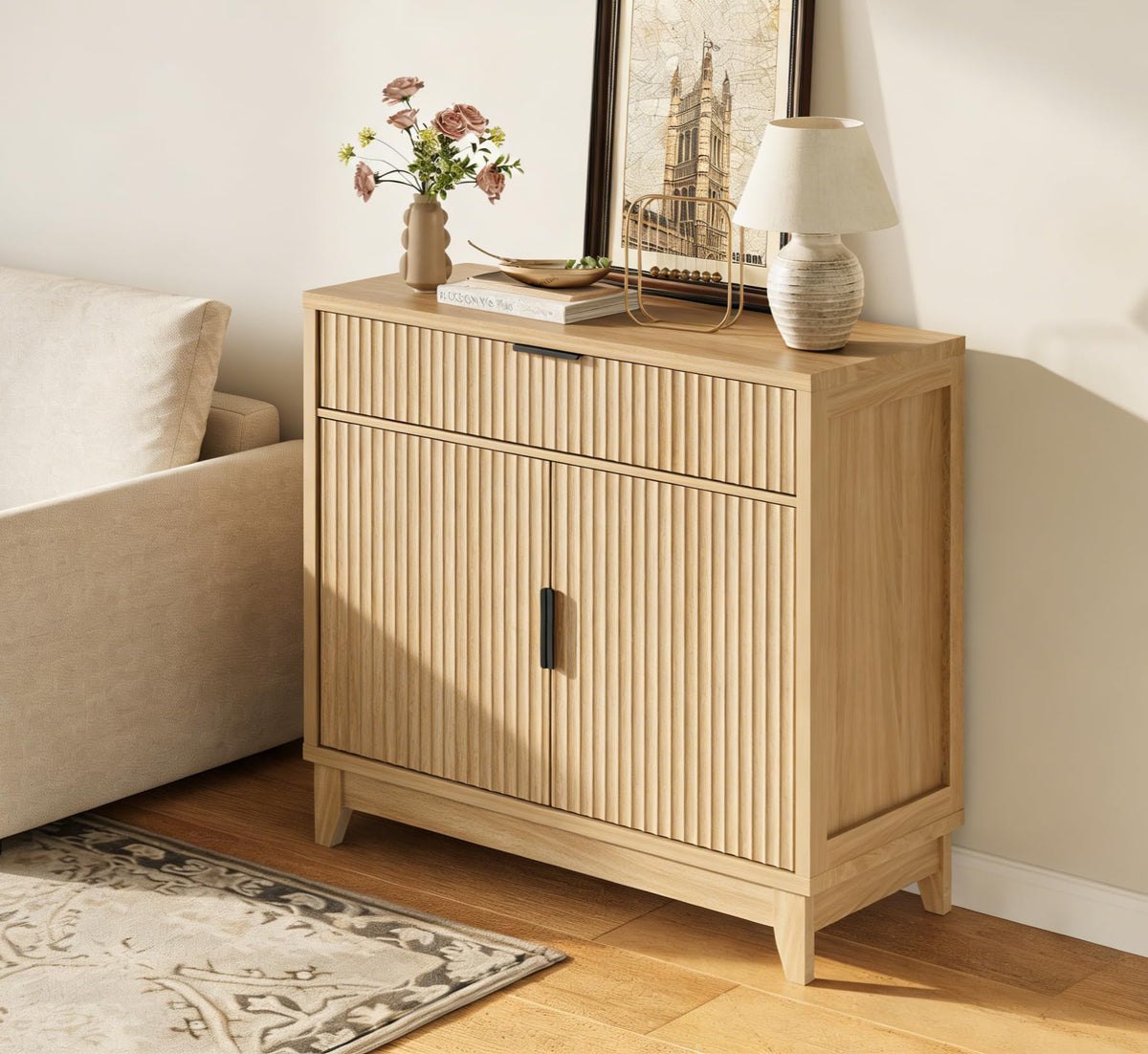32" Fluted Oak Sideboard Buffet Cabinet with Storage B41598