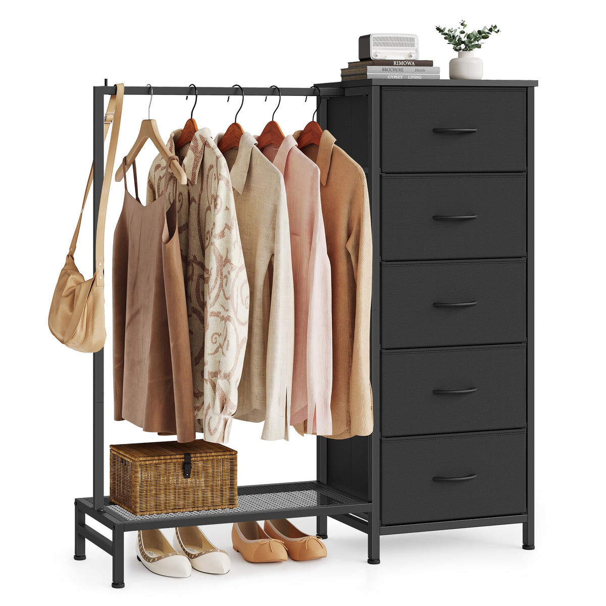 Fabric Dresser with Hanging Rod and 5 Drawers H92480