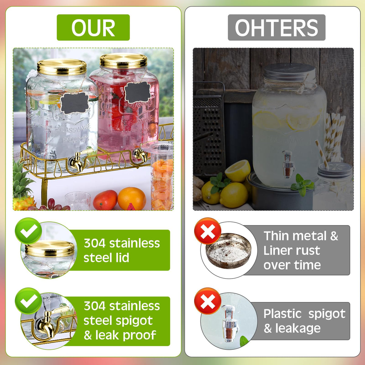 3 Pcs 2 Gallon Glass Drink Dispenser with Stand and Lid A301050