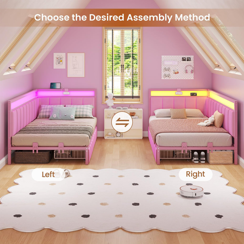 Pink Twin Size Corner Bed Frame with Storage Drawers X4667