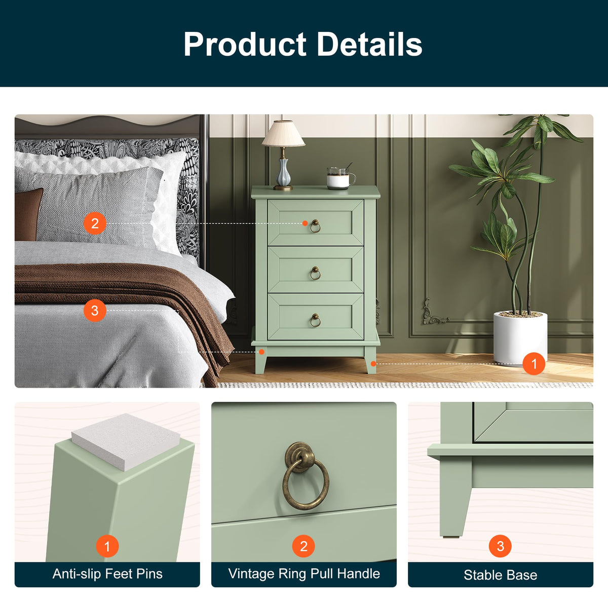 Tall Wooden Nightstand Set of 2 with 3 Drawers K5220