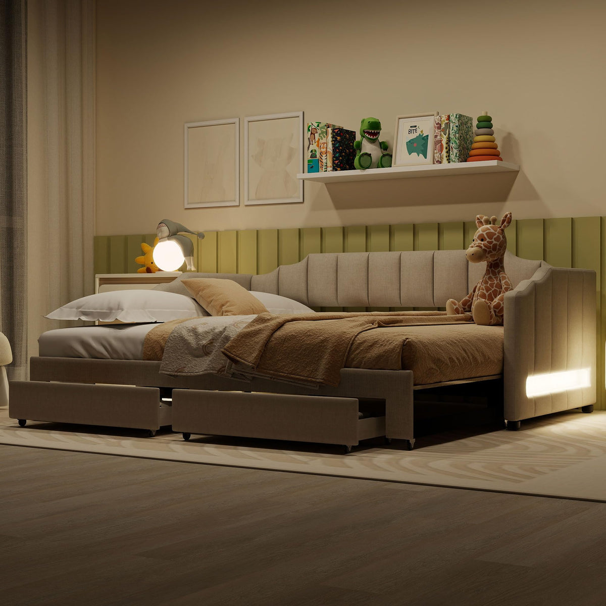 Twin XL to King Size Upholstered Daybed with Trundle and 2 Storage Drawers F882892