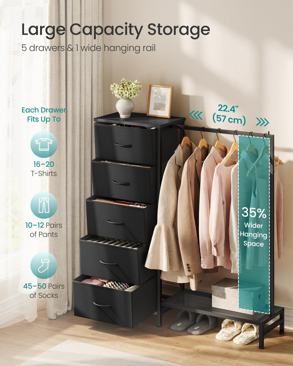 Fabric Dresser with Hanging Rod and 5 Drawers H92480