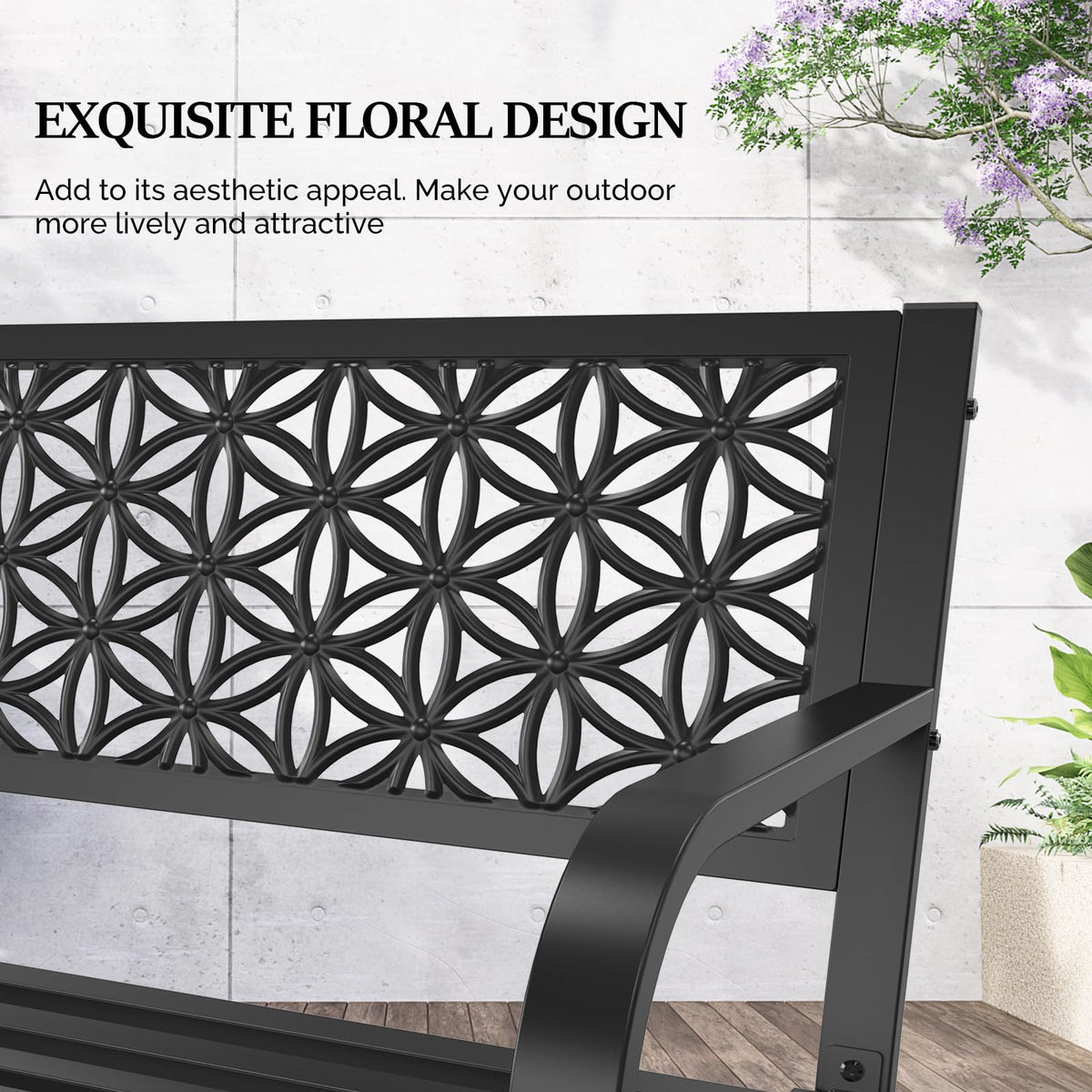 50" Black Metal Outdoor Bench with Floral Back H8898