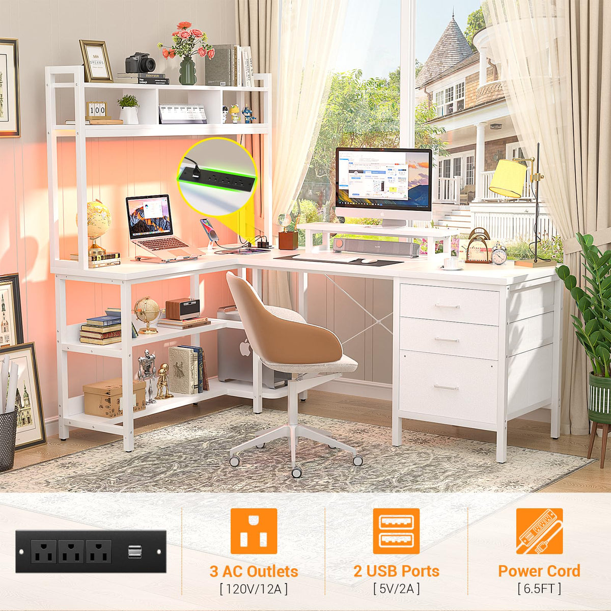 White L Shaped Gaming Desk with Hutch and Led Lights Y7582