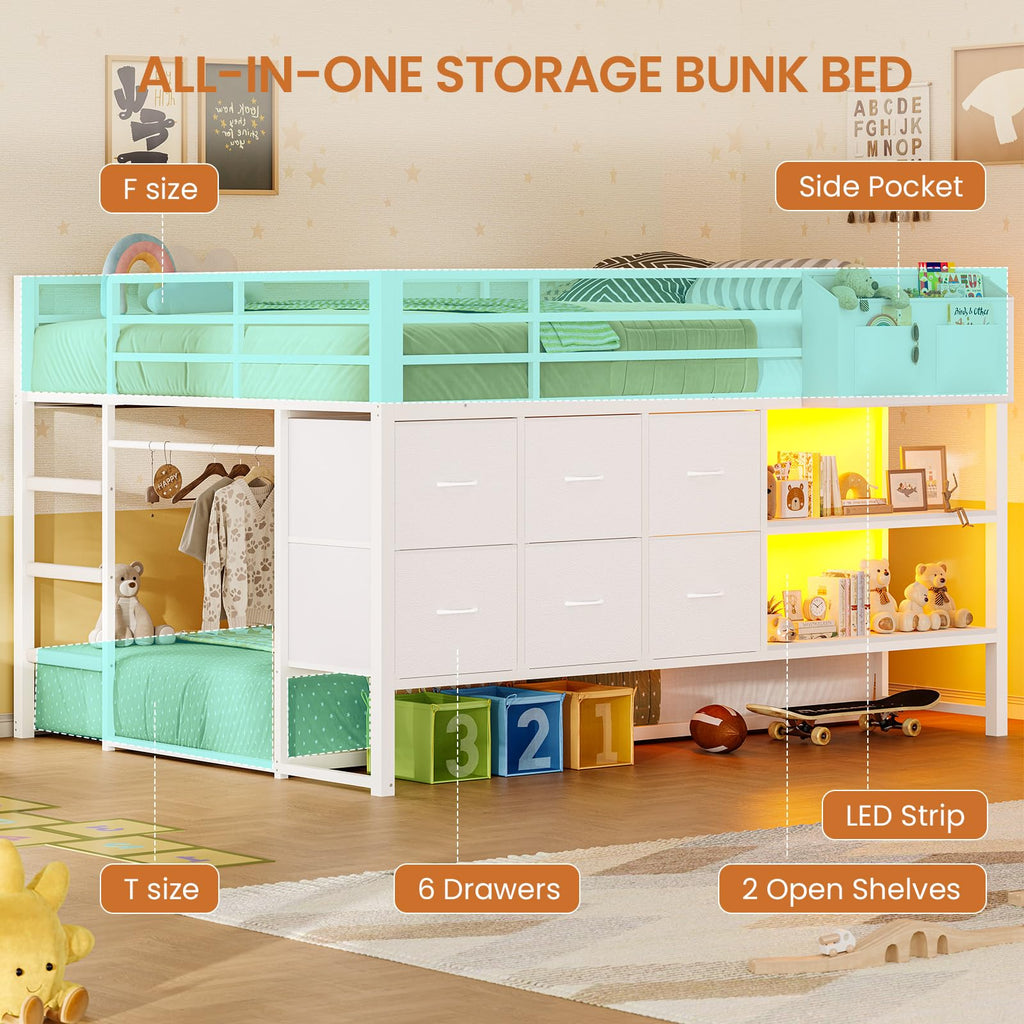 White Full Over Twin Bunk Bed with 6 Drawers and LED Lights N9241