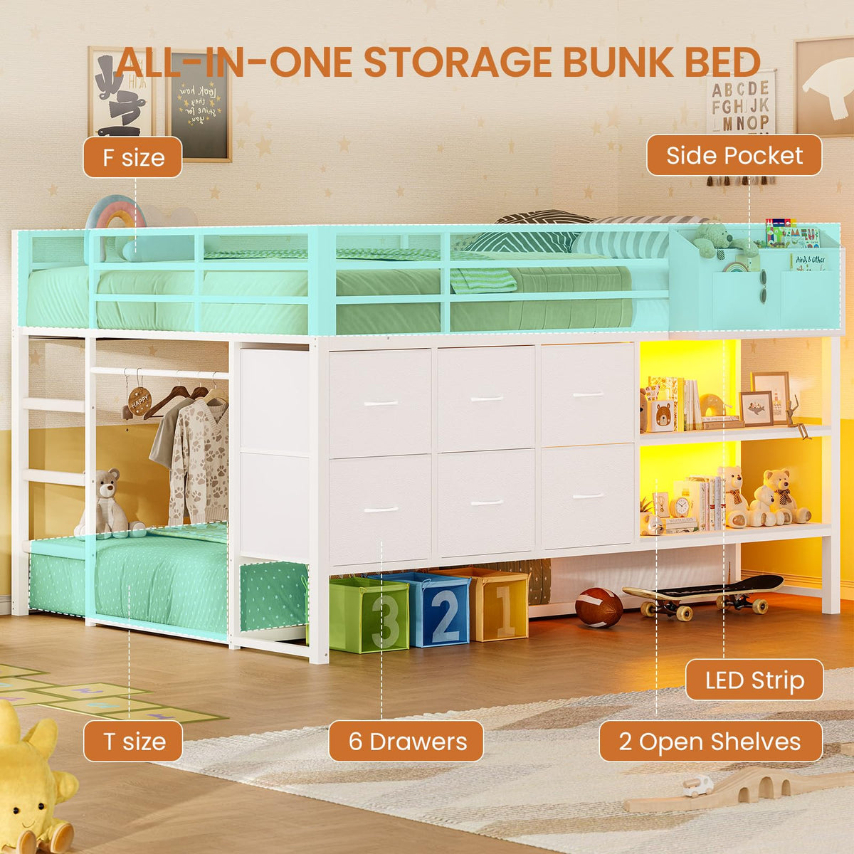 White Full Over Twin Bunk Bed with 6 Drawers and LED Lights N9241