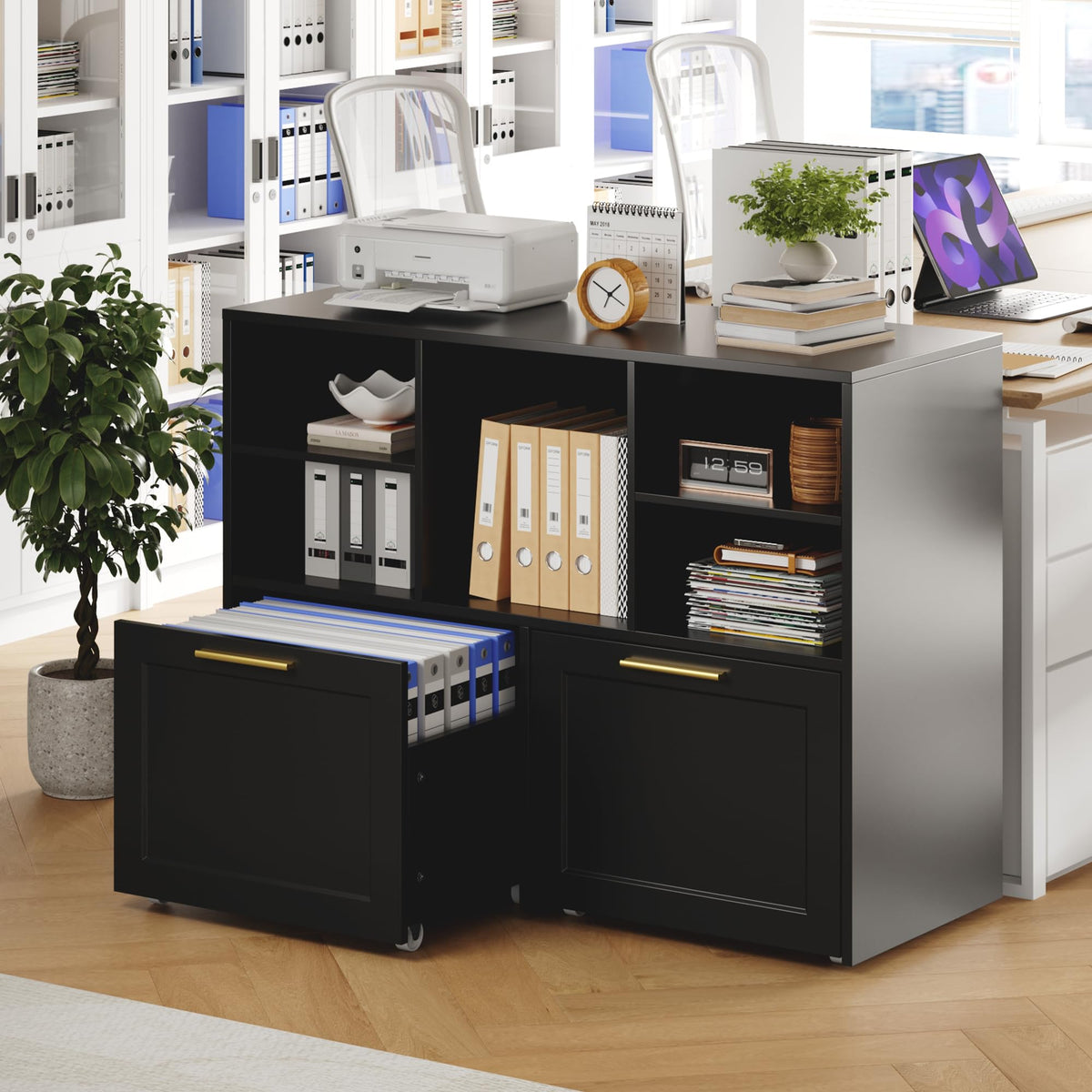 Black 2 Drawer Lateral File Cabinet with Open Storage Cubes K398