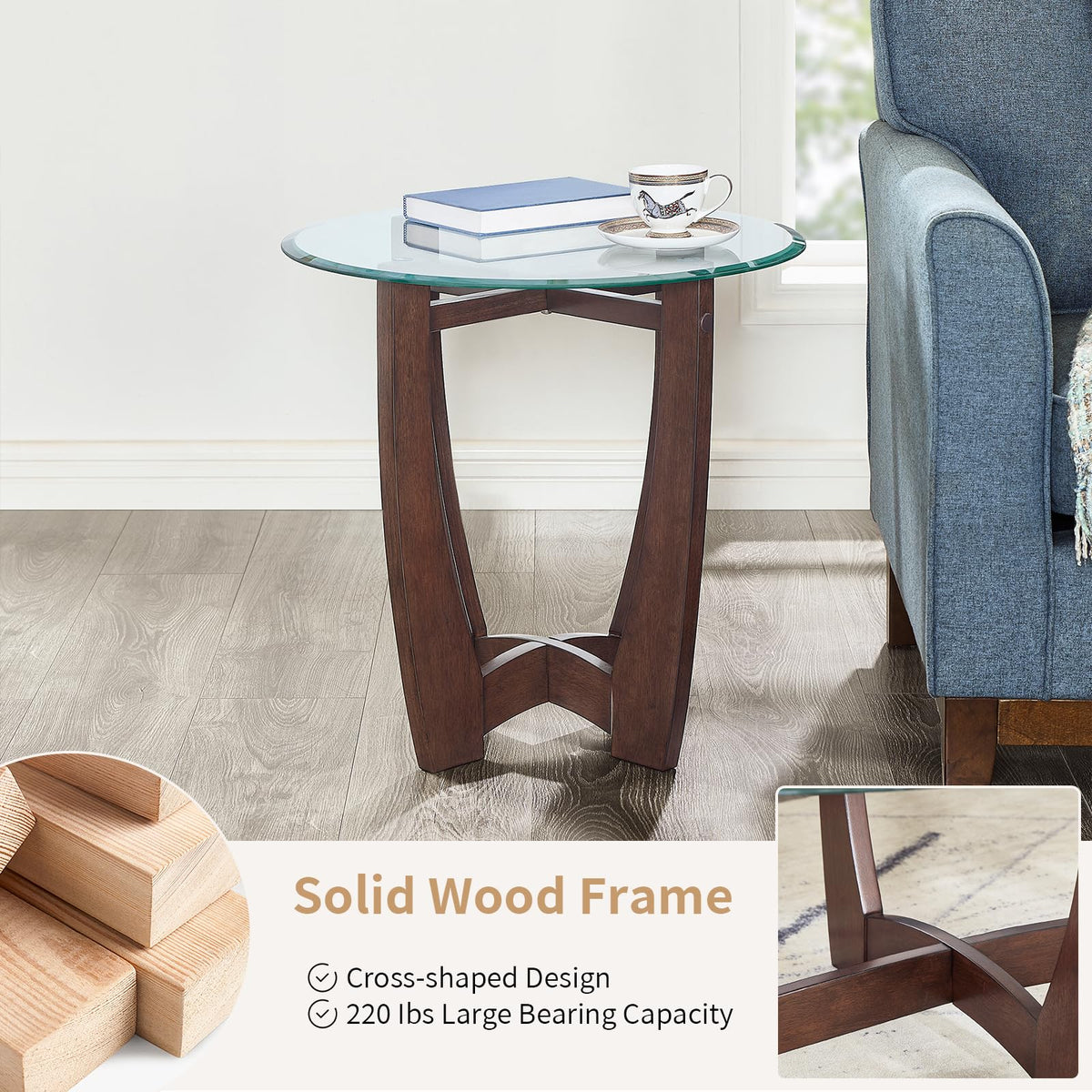Round Glass End Table with Wood Base O507318