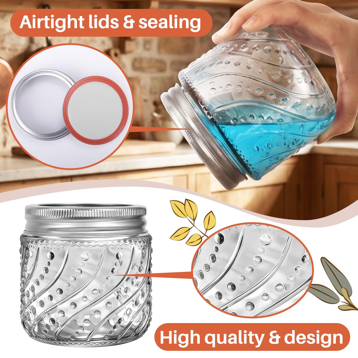 16oz Wide Mouth Mason Jars with Lids and Bands, 8 Pack D419