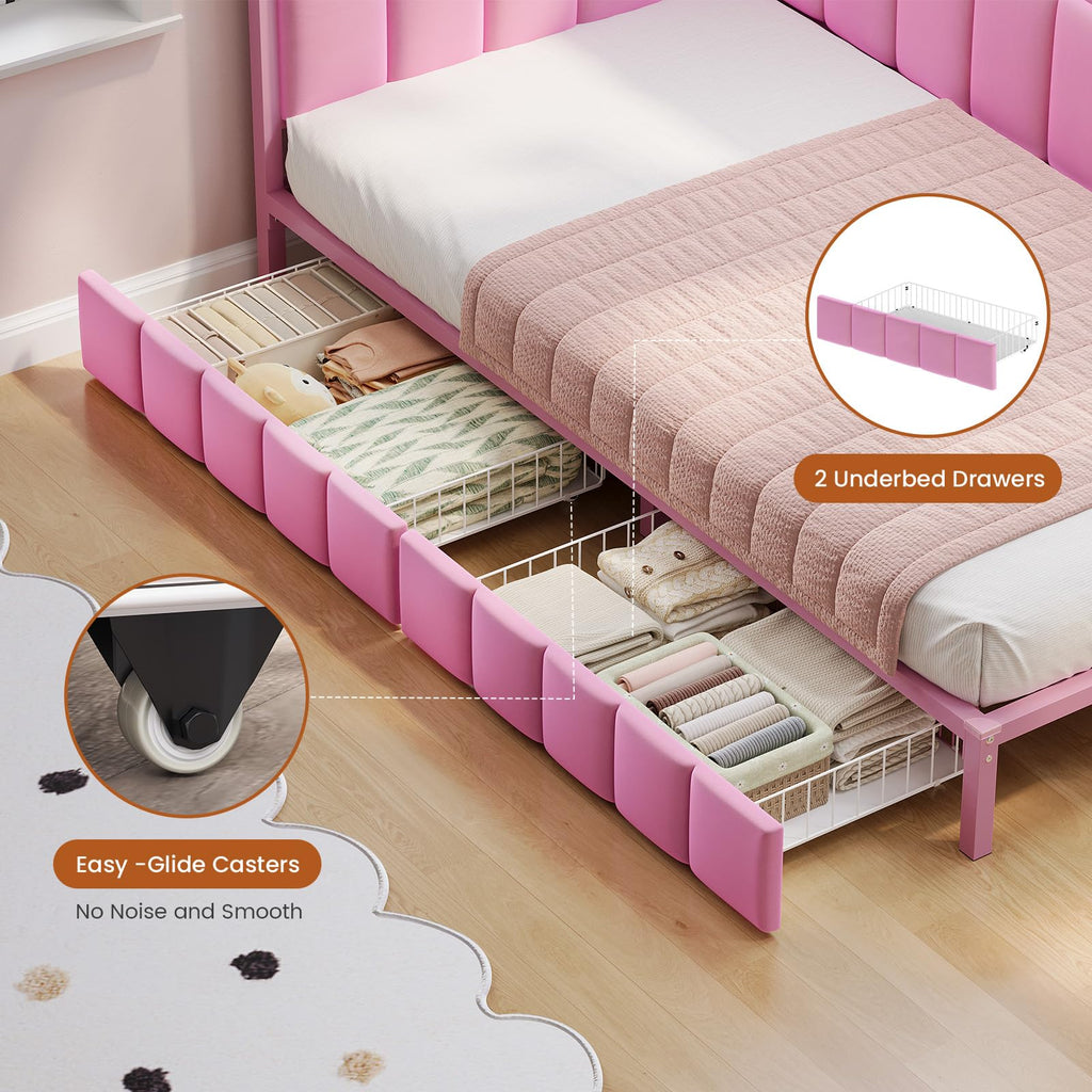 Pink Twin Size Corner Bed Frame with Storage Drawers X4667