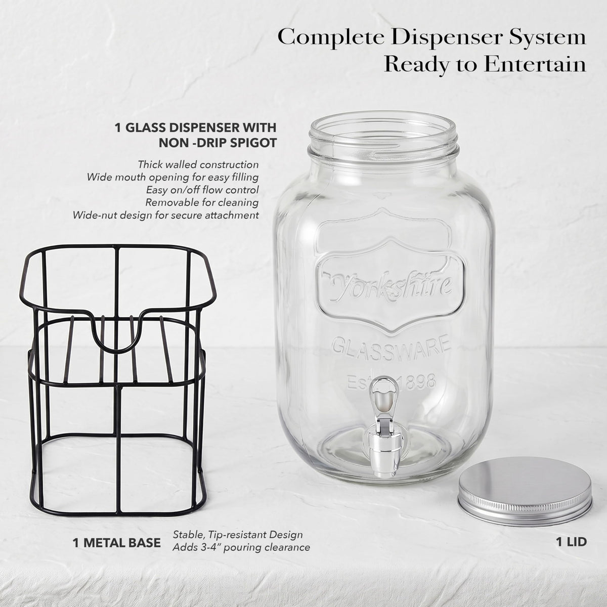 Mason Jar Glass Beverage Dispenser with Metal Stand, 1 Gal D30038