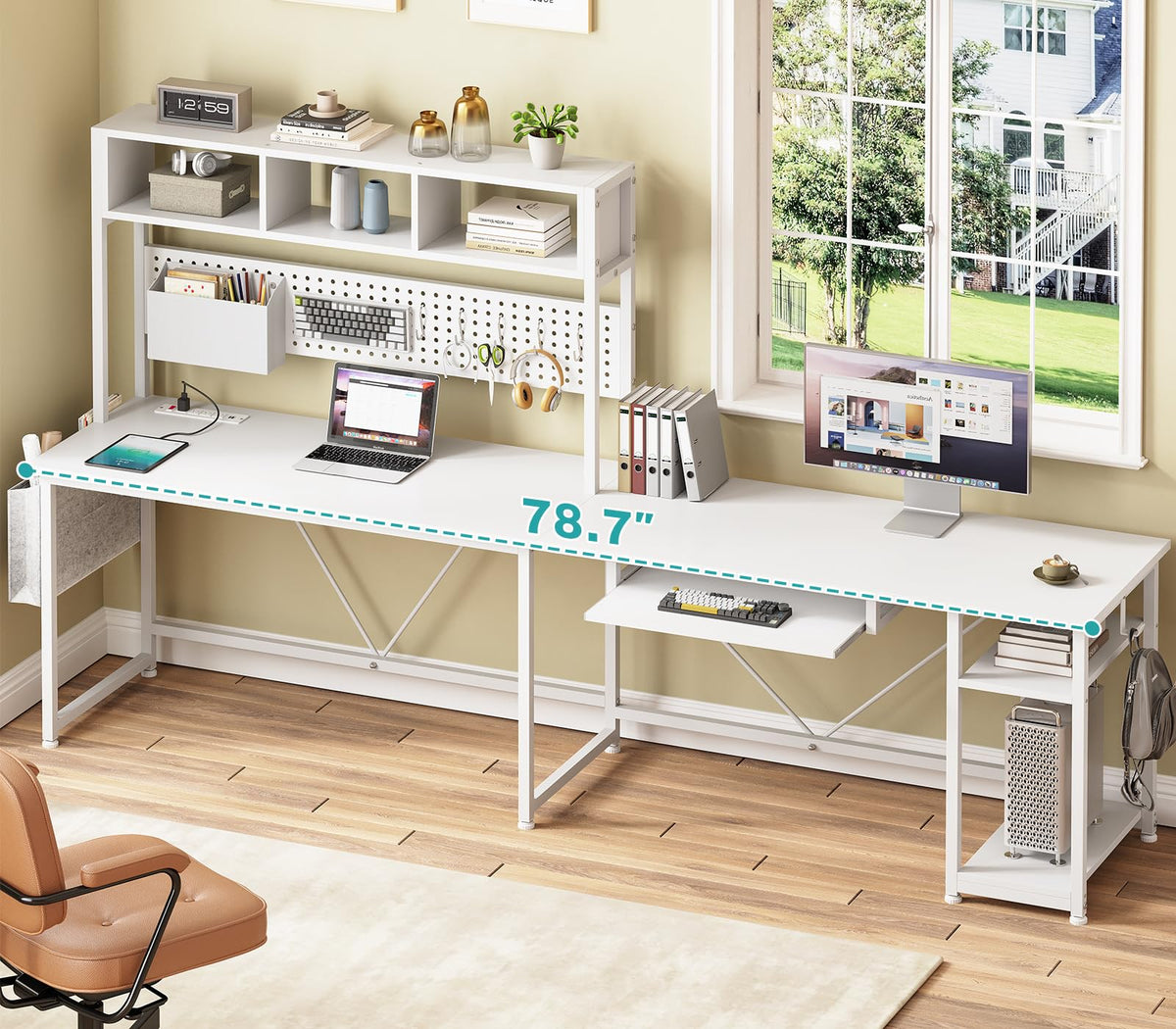 White L Shaped Office Desk with Power Outlet and Storage Shelves V235851