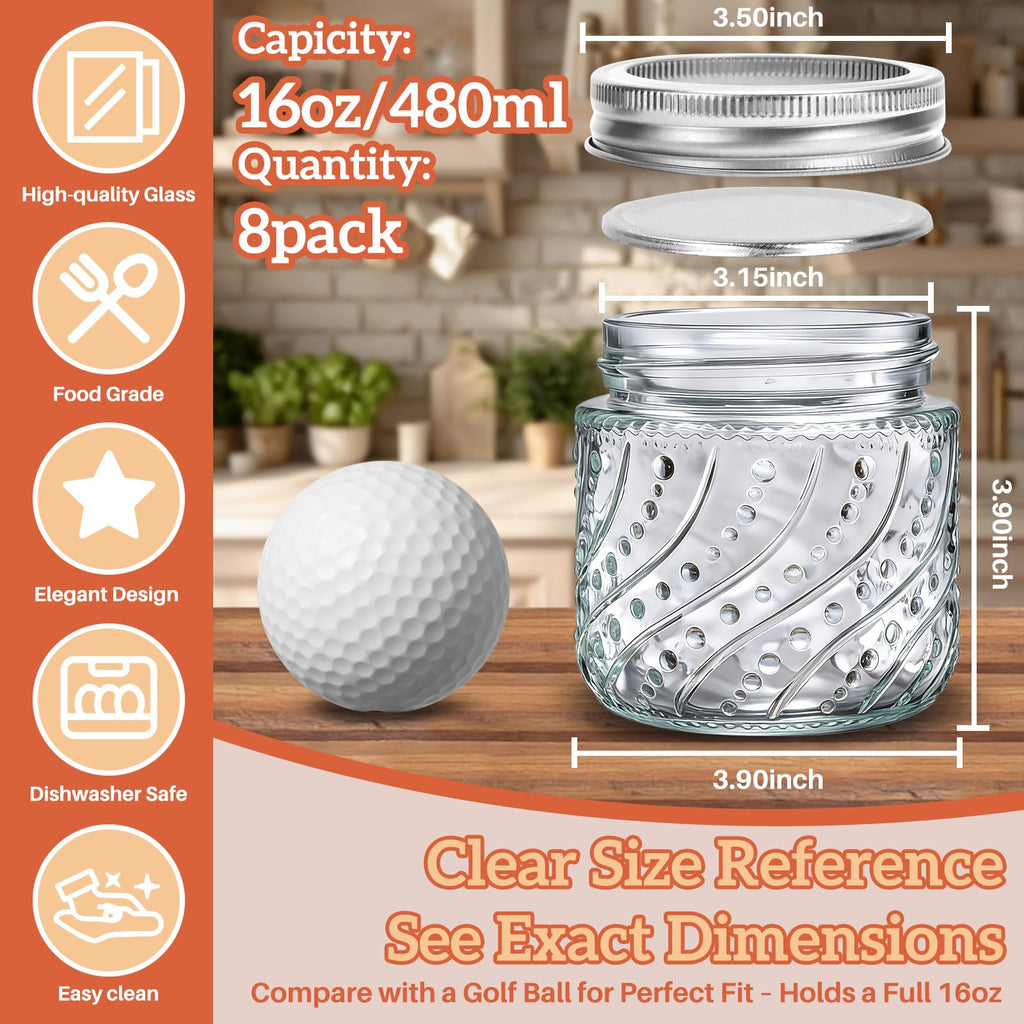 16oz Wide Mouth Mason Jars with Lids and Bands, 8 Pack D419