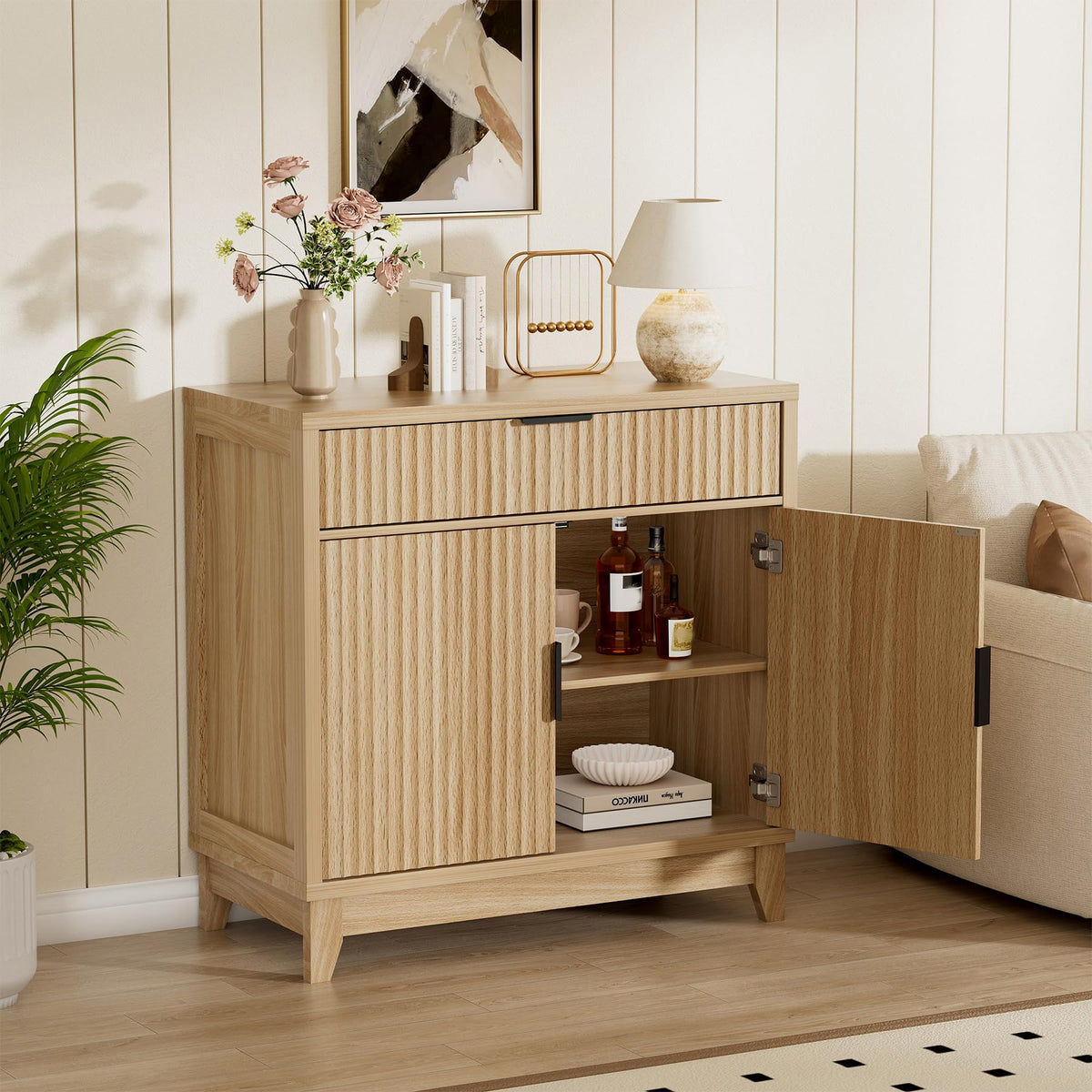 32" Fluted Oak Sideboard Buffet Cabinet with Storage B41598