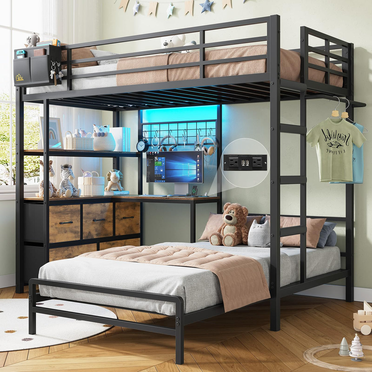 Twin XL Over Twin Bunk Bed with Desk and 5 Storage Drawers Y9475