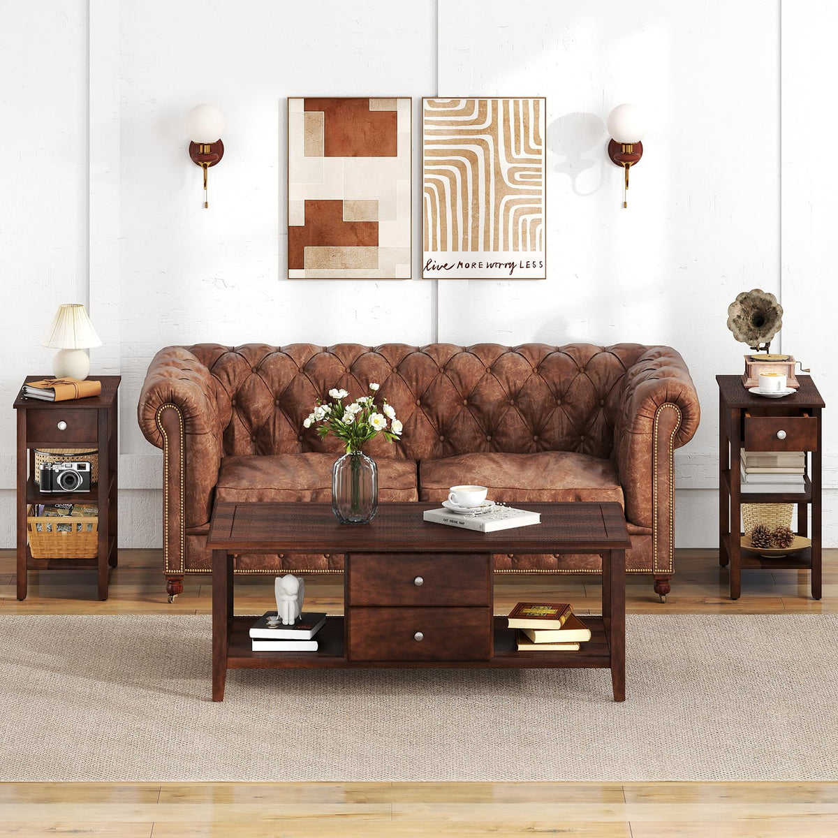 Narrow End Table Set of 2 Wood 3-Tier A3712