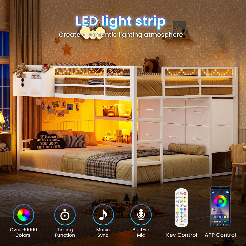 White Full Over Twin Bunk Bed with 6 Drawers and LED Lights N9241