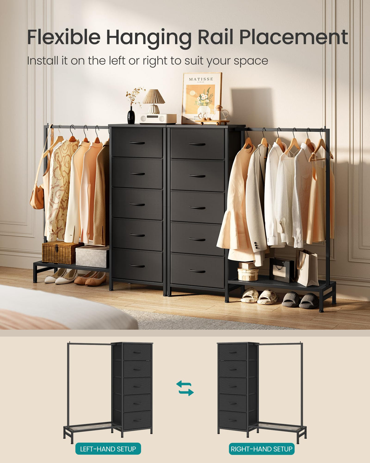 Fabric Dresser with Hanging Rod and 5 Drawers H92480