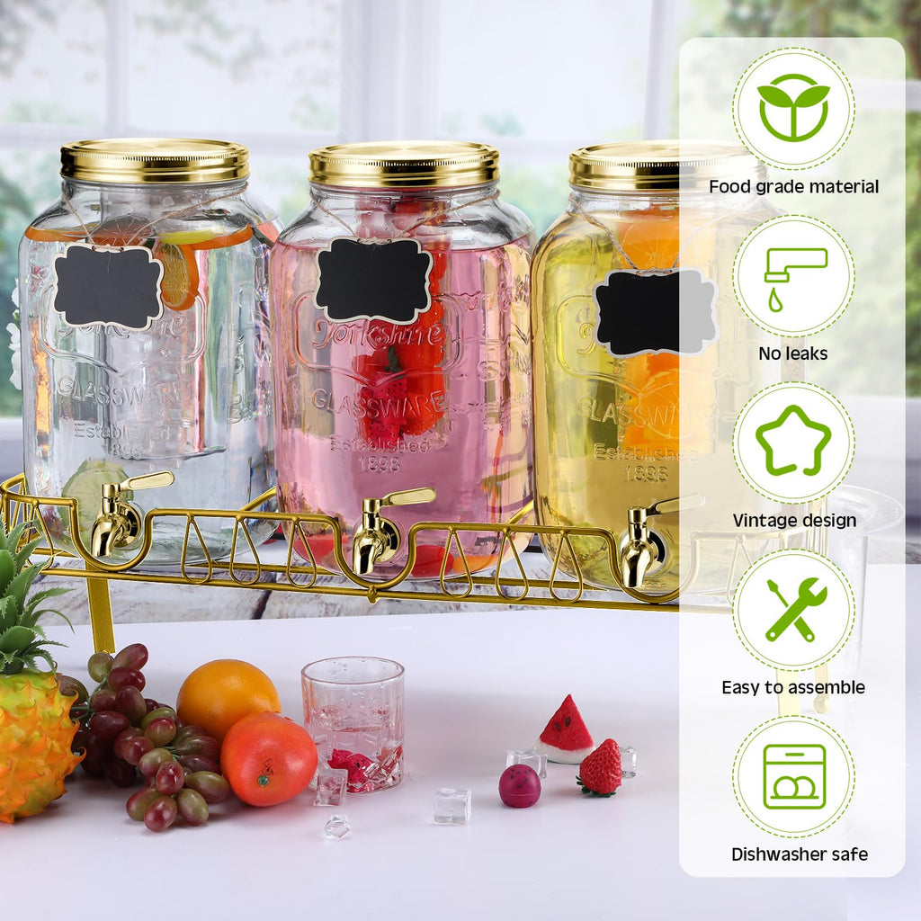 3 Pcs 2 Gallon Glass Drink Dispenser with Stand and Lid A301050