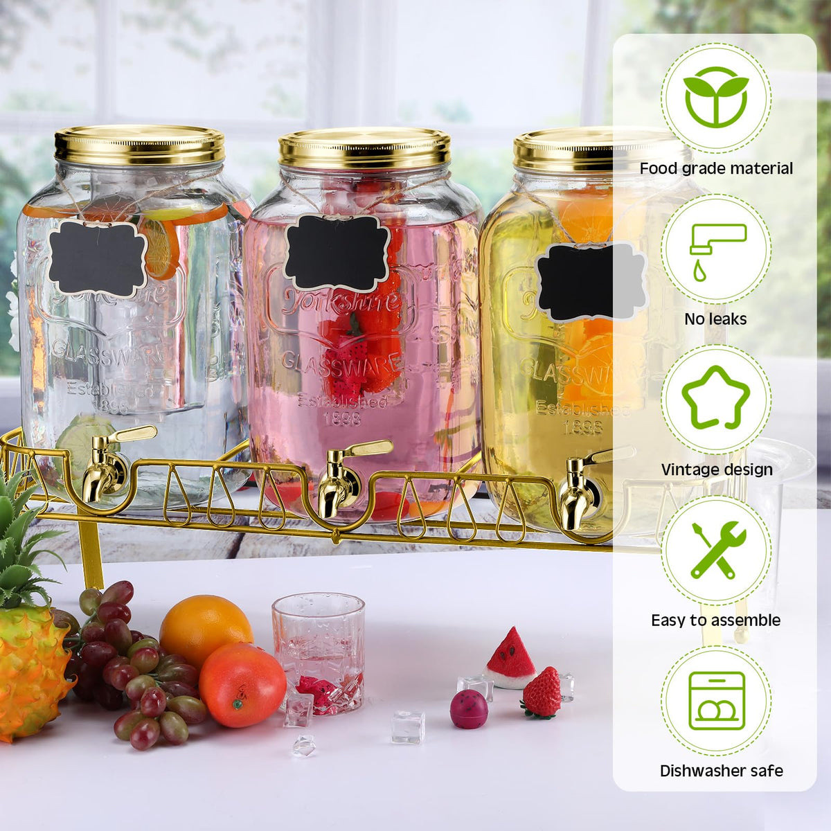 3 Pcs 2 Gallon Glass Drink Dispenser with Stand and Lid A301050