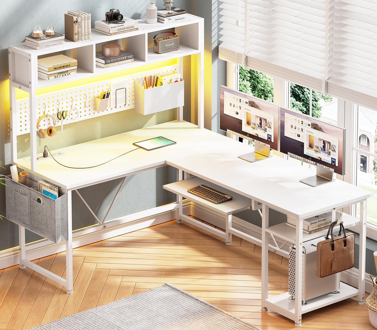 White L Shaped Office Desk with Power Outlet and Storage Shelves V235851