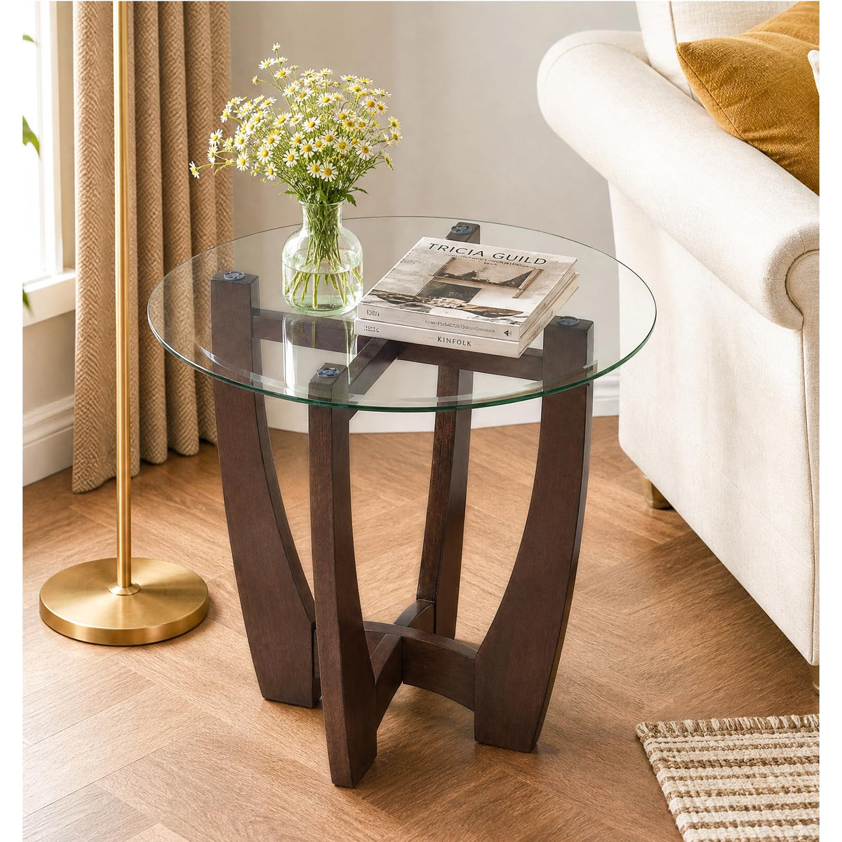 Round Glass End Table with Wood Base O507318