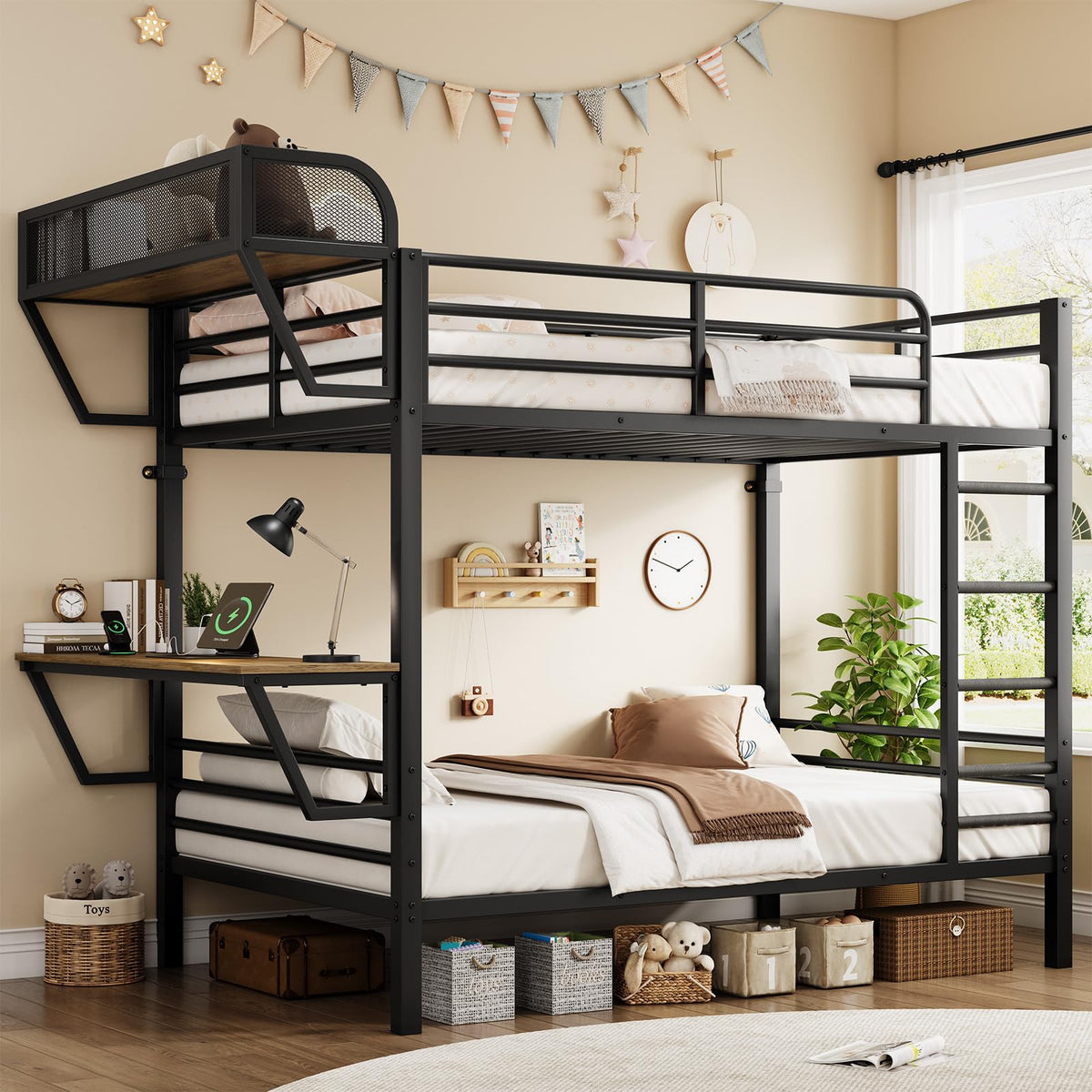 Twin Over Twin Metal Bunk Bed with Desk & Outlet X54713