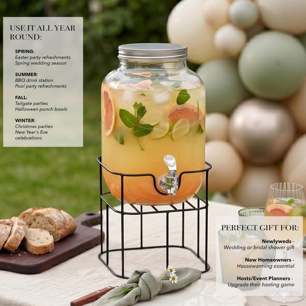 Mason Jar Glass Beverage Dispenser with Metal Stand, 1 Gal D30038