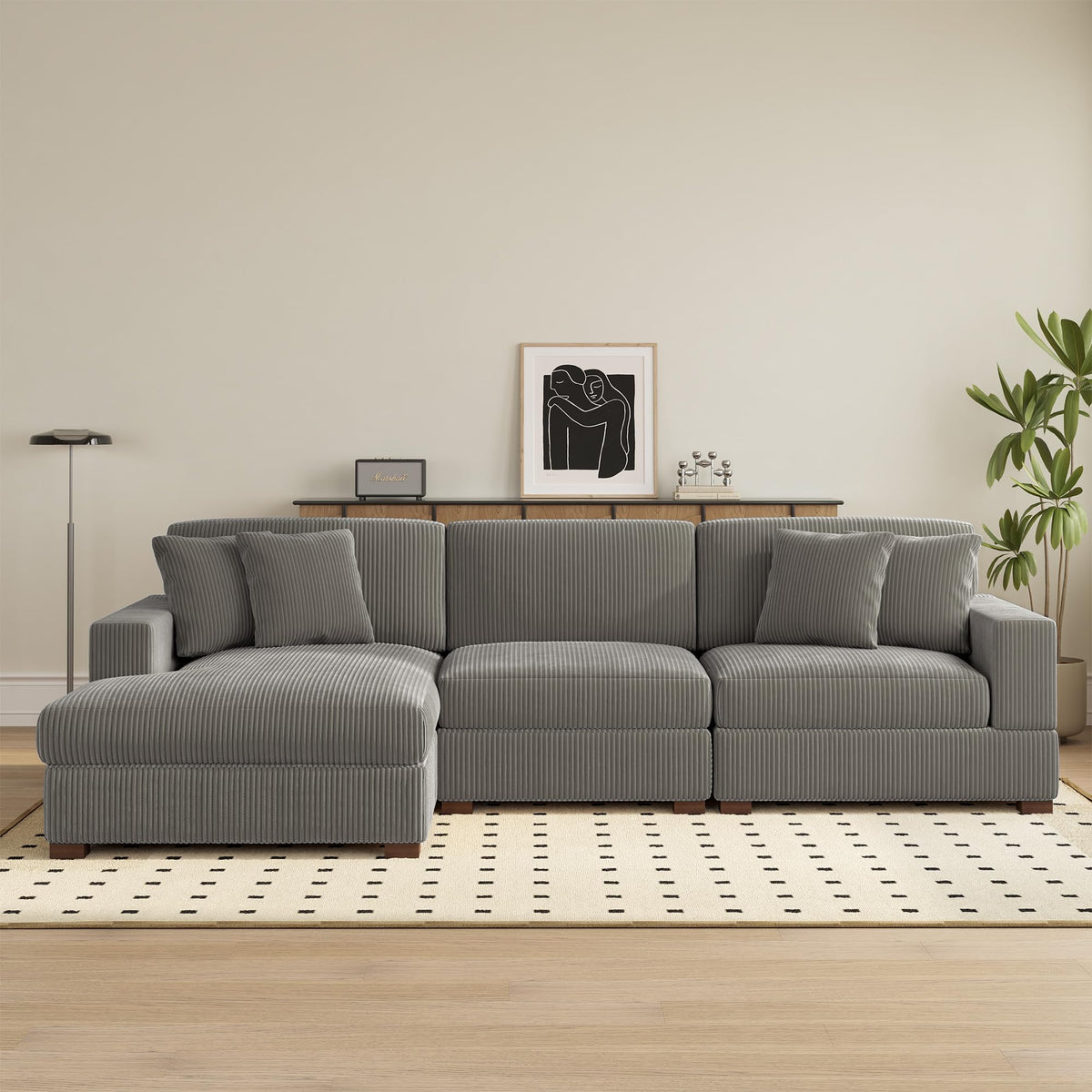 118" Light Gray Corduroy Modular Sectional Sofa with L-Shape Chaise R308