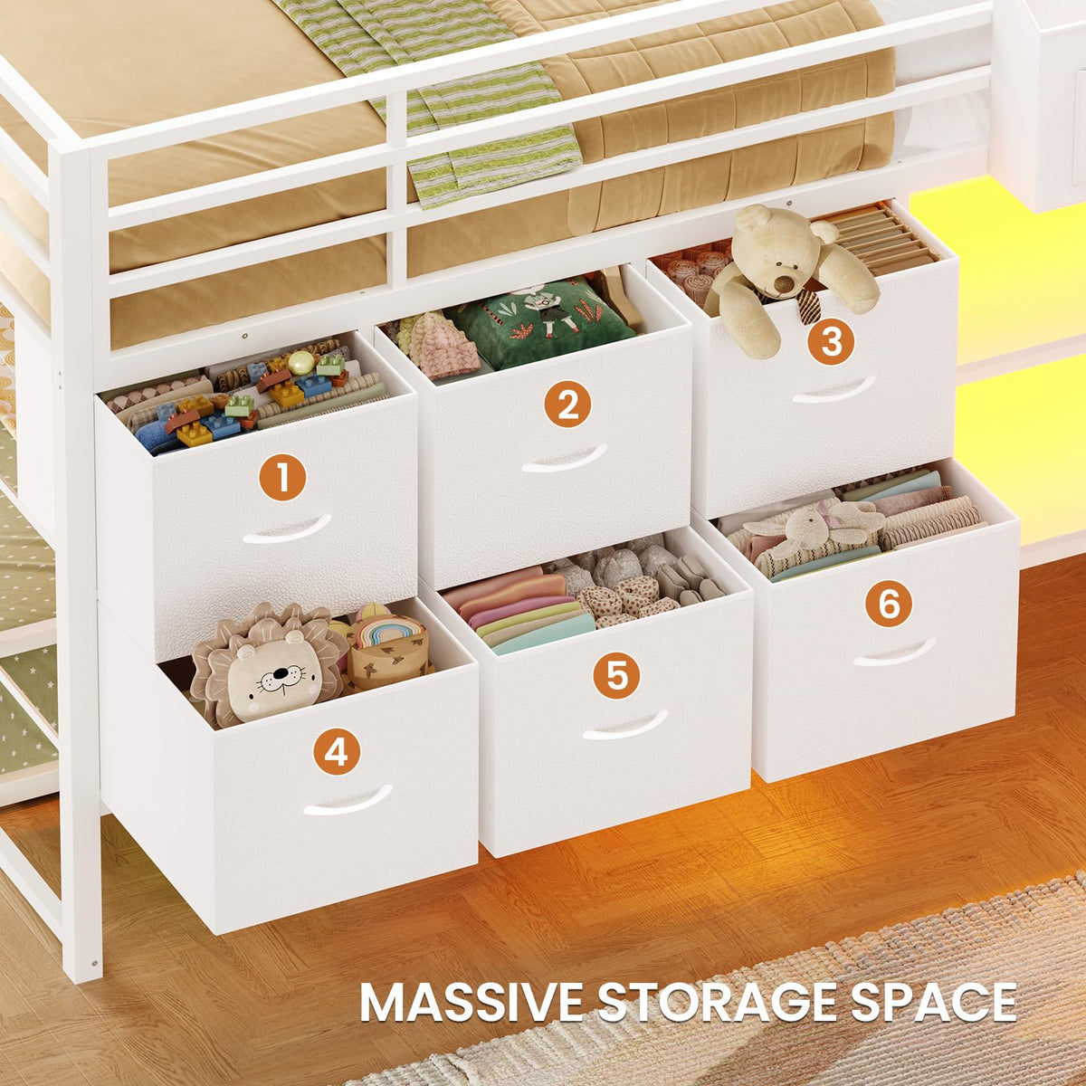White Full Over Twin Bunk Bed with 6 Drawers and LED Lights N9241