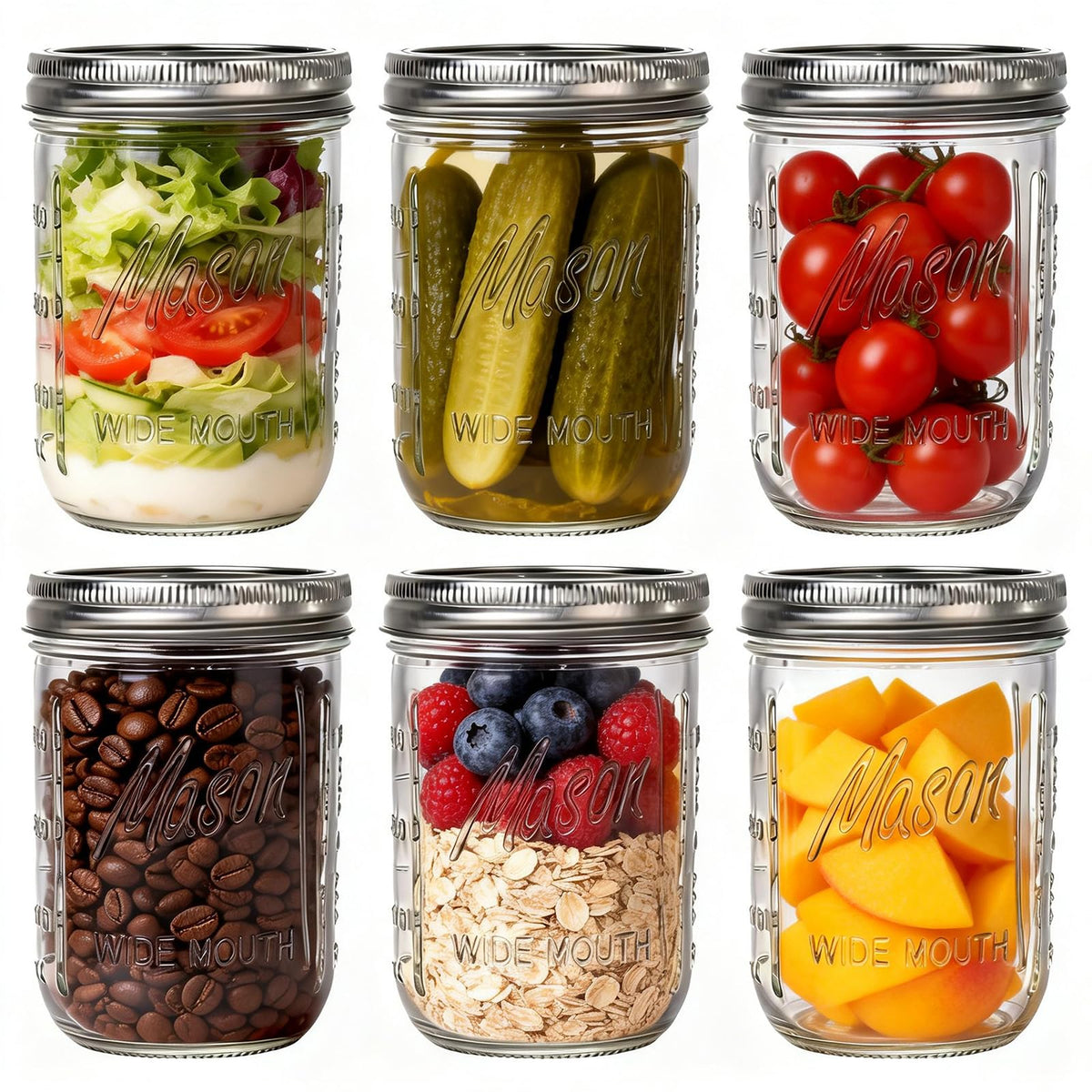 6-Pack 16 oz Wide Mouth Glass Mason Jars with Lids H82196