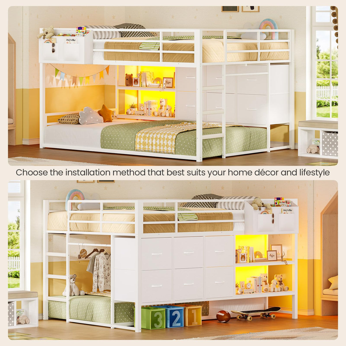 White Full Over Twin Bunk Bed with 6 Drawers and LED Lights N9241