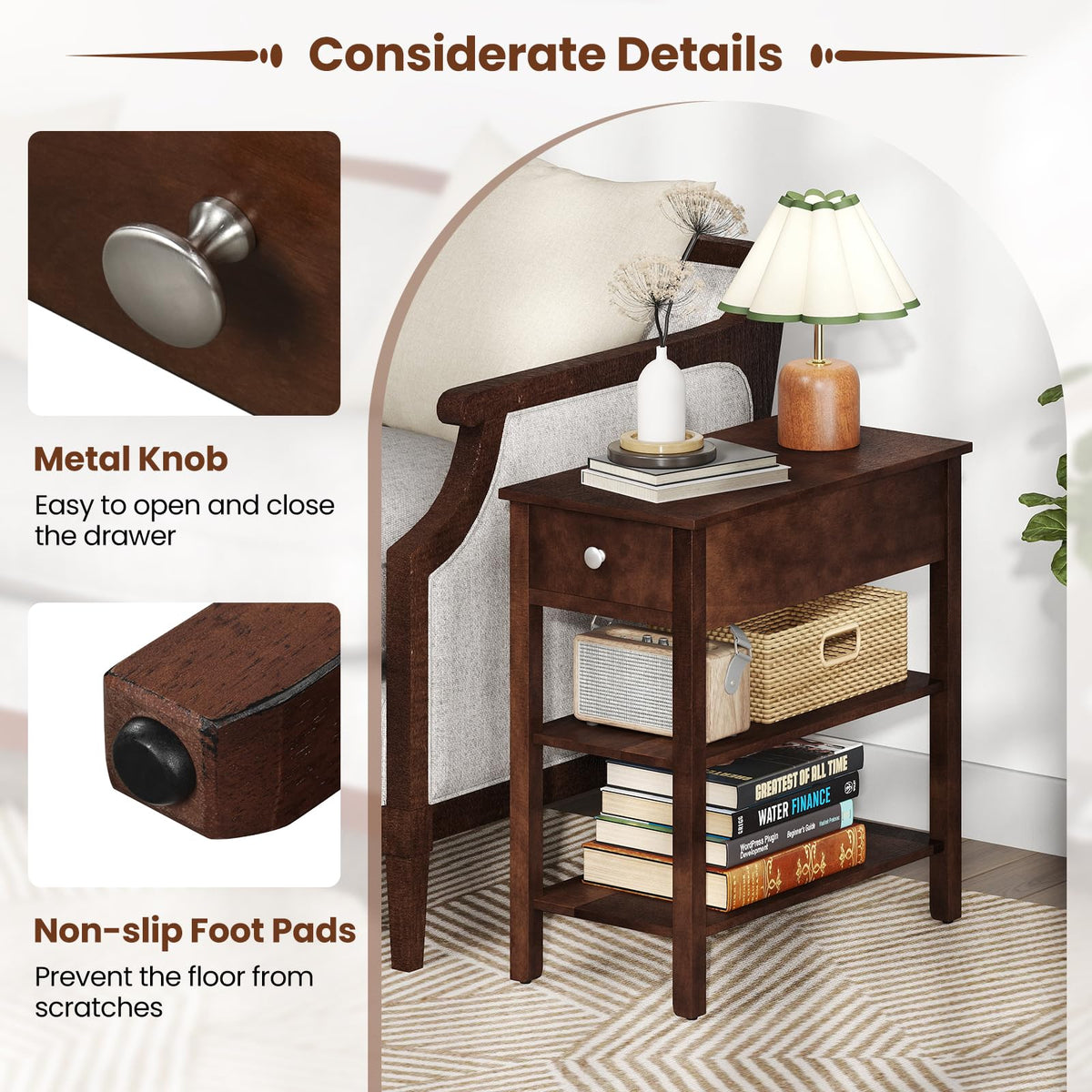 Narrow End Table Set of 2 Wood 3-Tier A3712