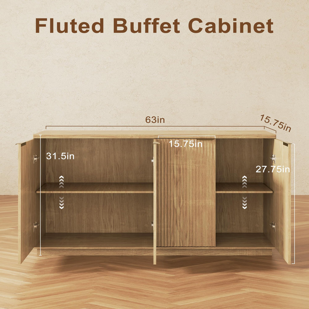 Natural Oak Fluted Wooden Sideboard Cabinet with 4 Doors I199849