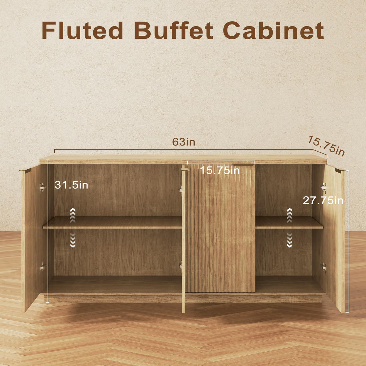 Natural Oak Fluted Wooden Sideboard Cabinet with 4 Doors I199849