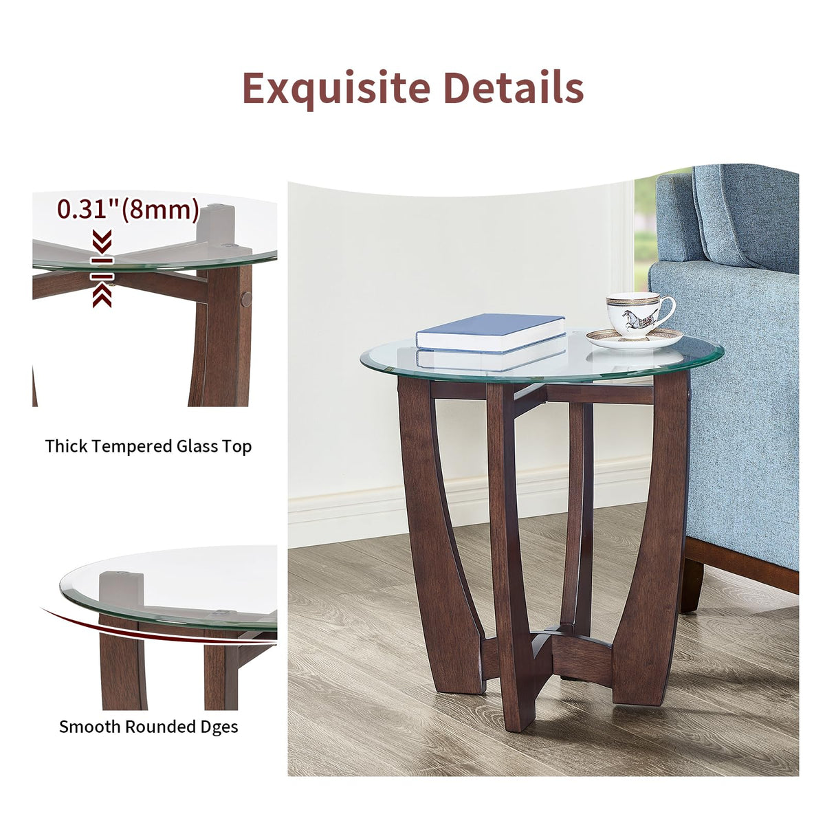 Round Glass End Table with Wood Base O507318