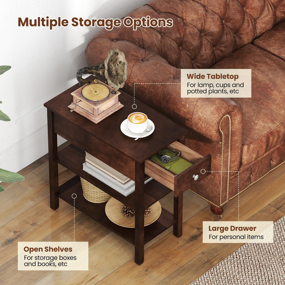 Narrow End Table Set of 2 Wood 3-Tier A3712