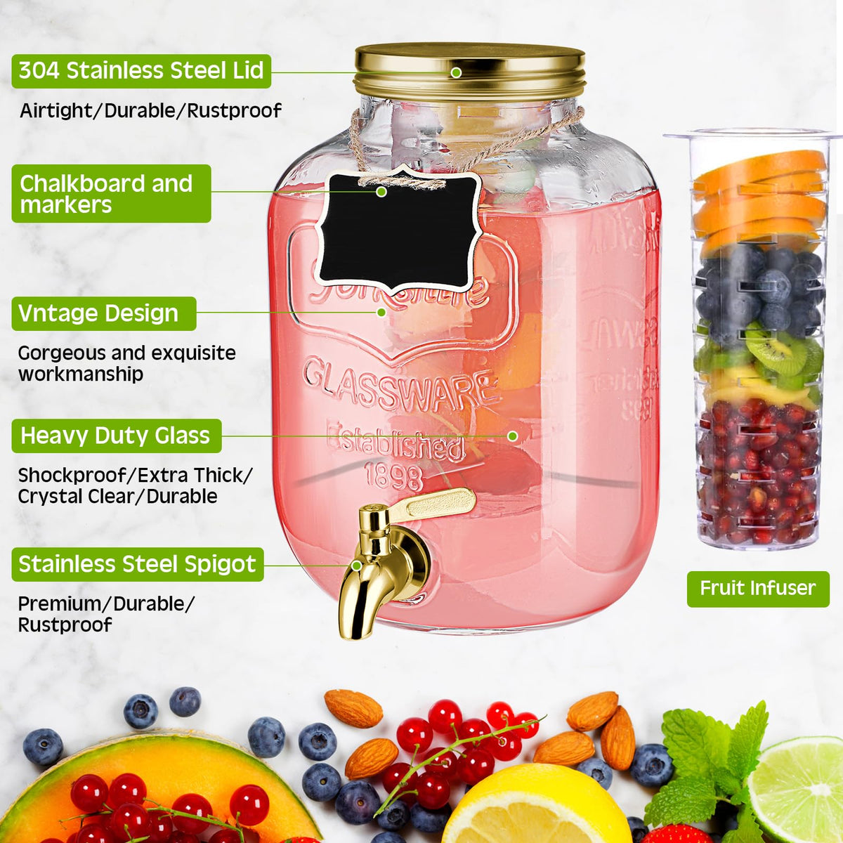 3 Pcs 2 Gallon Glass Drink Dispenser with Stand and Lid A301050