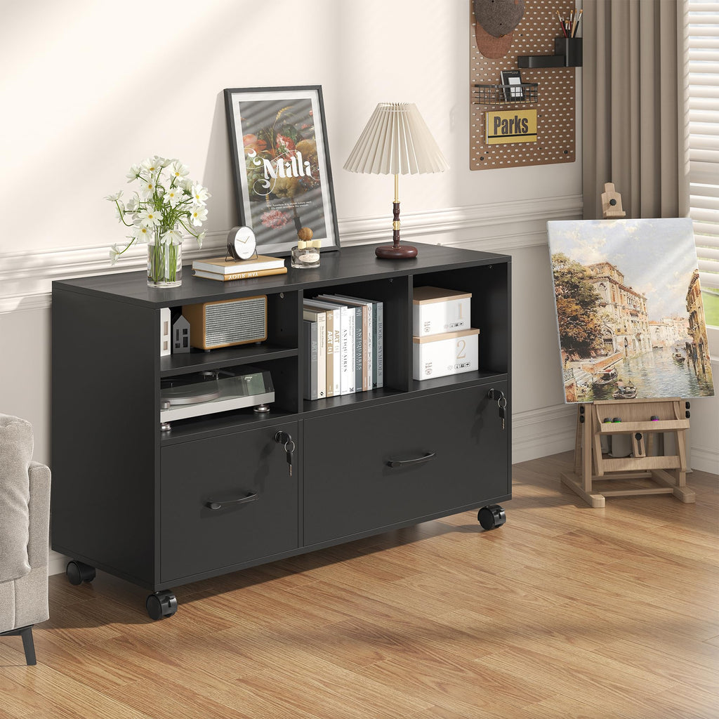 2 Drawer Wood Mobile Lateral File Cabinet with Storage Shelves, Black O88578