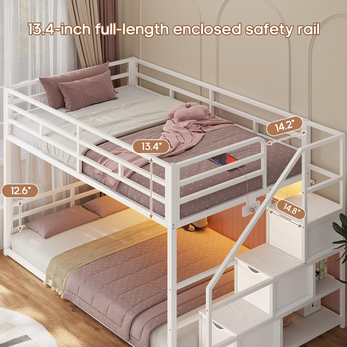Low Bunk Bed Twin Over Twin with Storage Stairs C11576