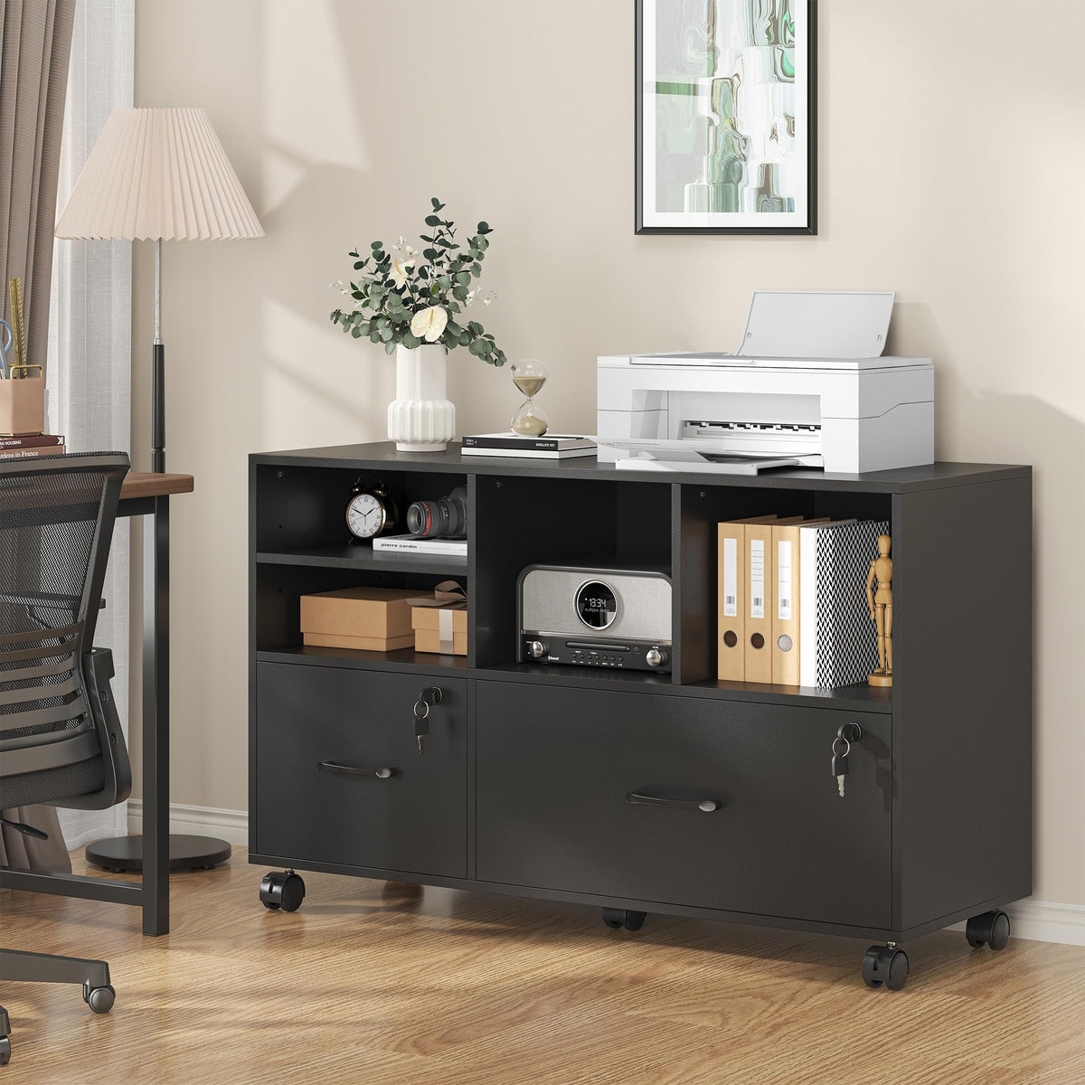 2 Drawer Wood Mobile Lateral File Cabinet with Storage Shelves, Black O88578