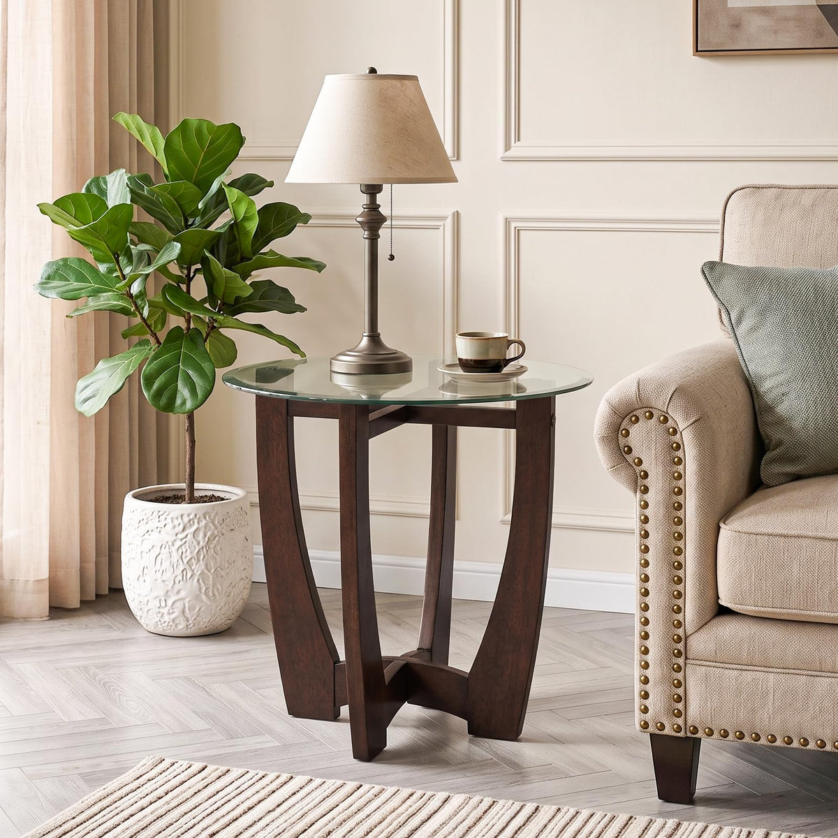 Round Glass End Table with Wood Base O507318