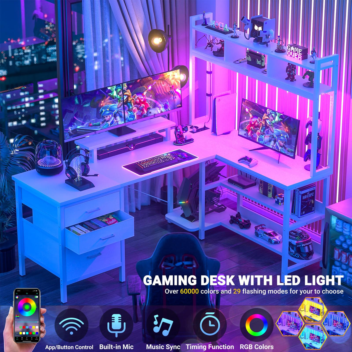 White L Shaped Gaming Desk with Hutch and Led Lights Y7582