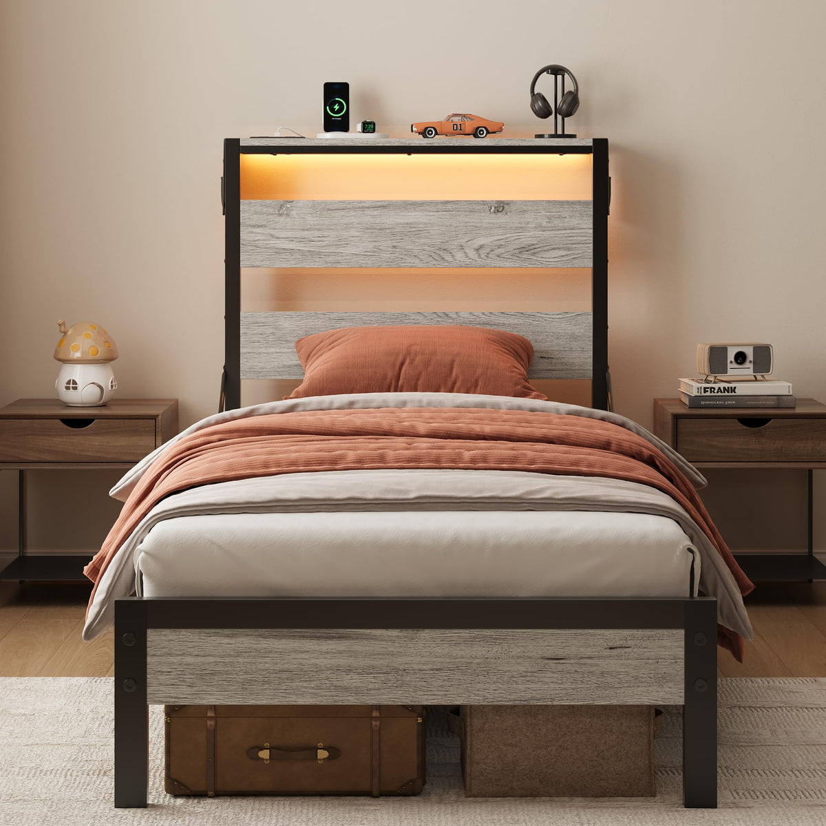 Grey Twin Platform Bed Frame with Storage Headboard X8102