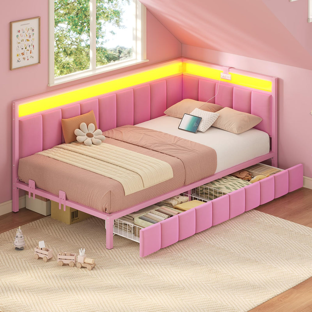 Pink Twin Size Corner Bed Frame with Storage Drawers X4667
