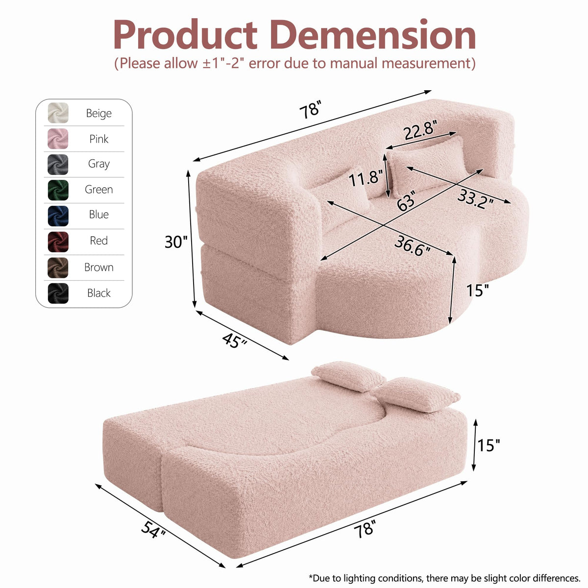 78" Pink Sherpa Futon Sofa Bed U8611